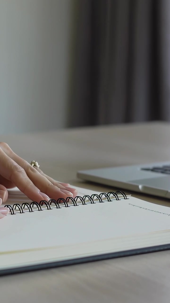 Vertical video: Lifting hands turning spiral notebook pages at desk, finding blank page near laptop
