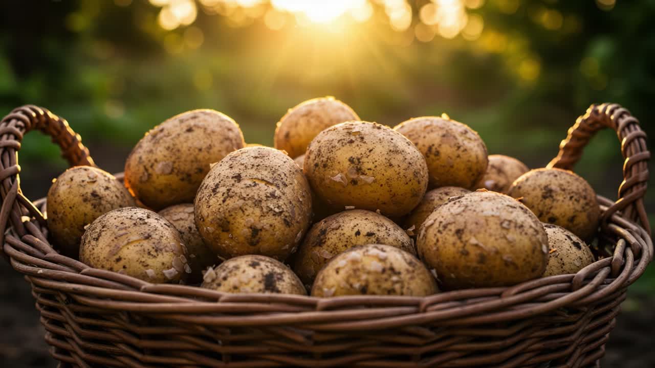 A Beautifully Bountiful Basket of Freshly Harvested Potatoes Bathed in Warm Sunset Light, Capturing the Essence of Nature's Abundance and Rustic Charm