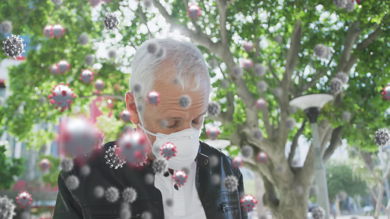 코로나19 세포의 애니메이션 시니어 남자가 마스크를 쓰고 있습니다.