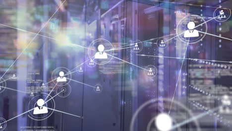 animation of network of connections with icons and data processing over computer servers