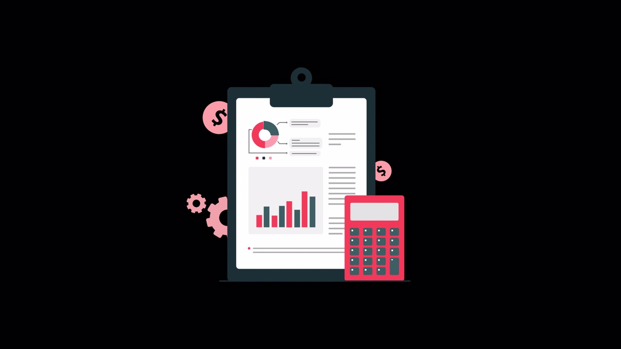 Illustrazione Animata di Analisi Finanziaria con Report, Grafici e Calcolatrice
