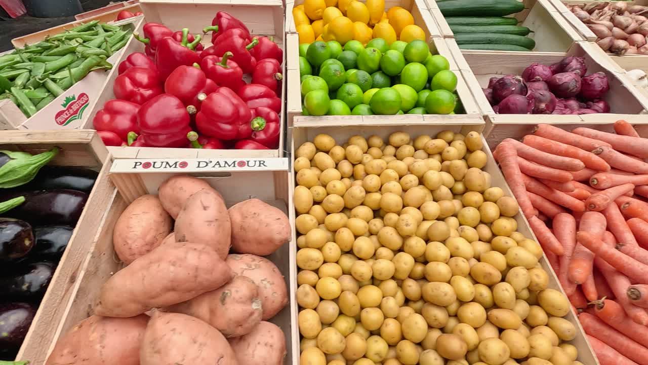 Vibrant fruits and vegetables displayed at a market