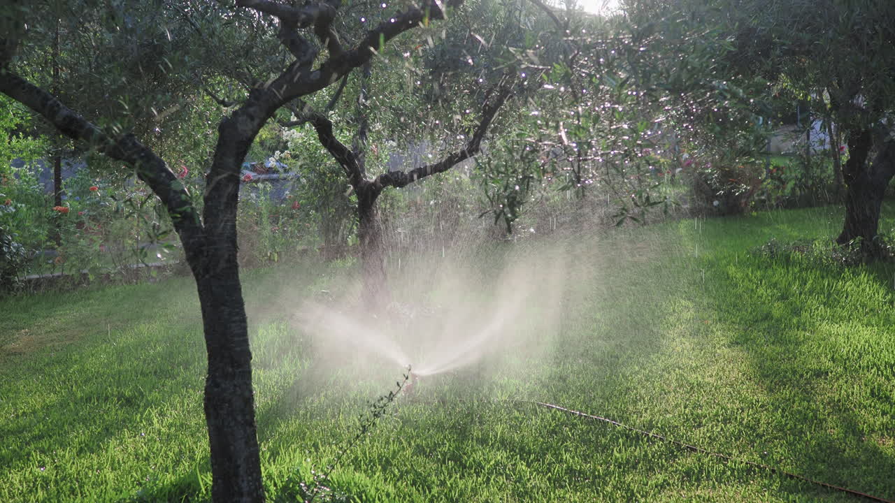 Irrigatore che annaffia un prato verde in un giardino