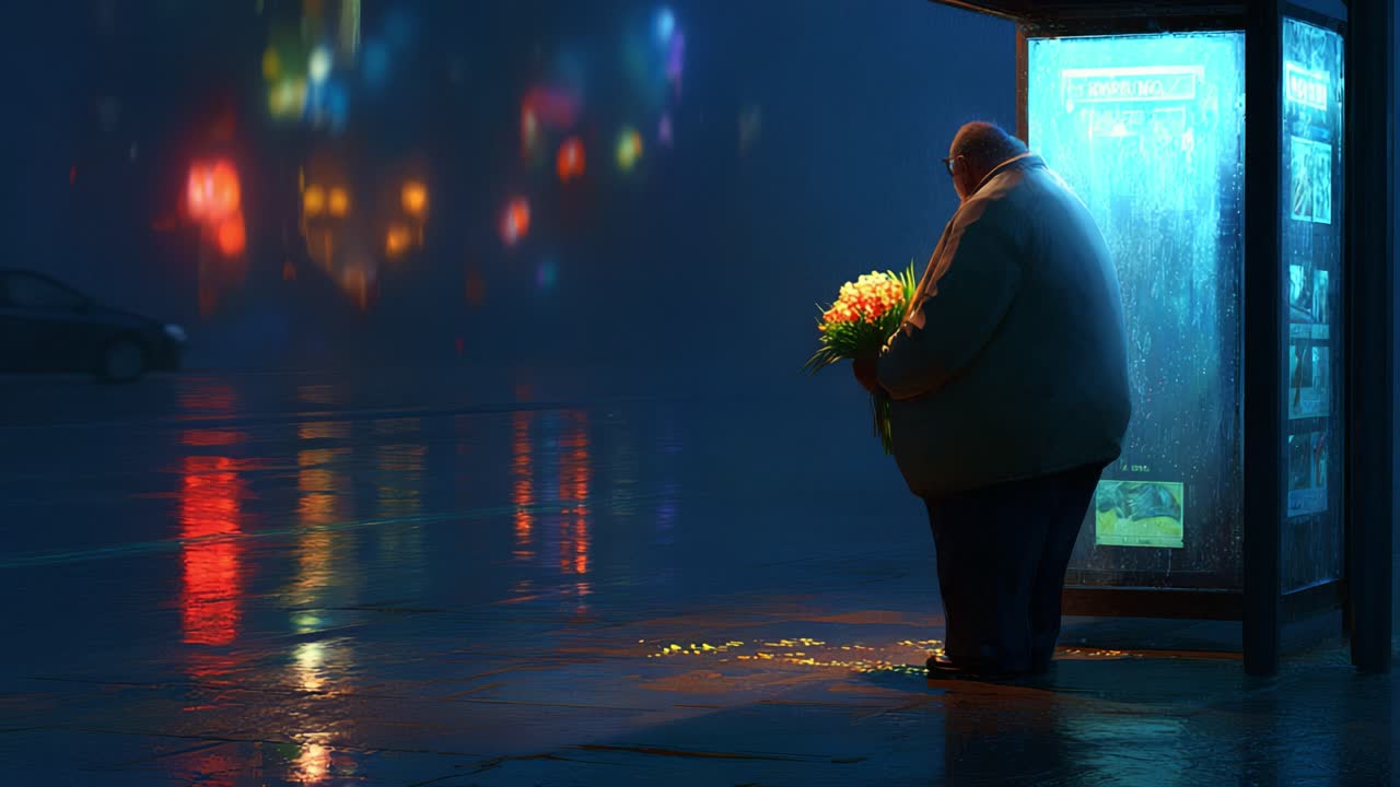 A Somber Figure Standing Alone at a Rainy Bus Stop with a Bunch of Colorful Flowers, Capturing the Melancholy of Isolation Amidst Vibrant City Lights and Reflections