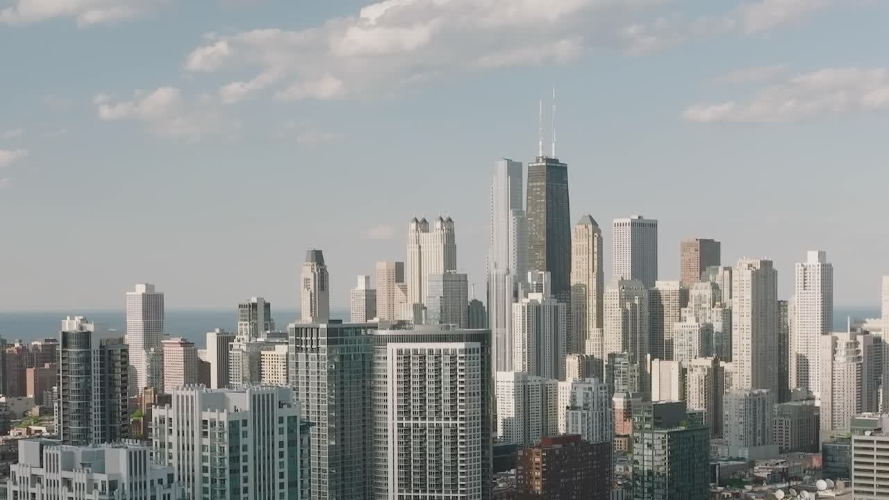 Chicago skyline view from above with buildings and blue skies
