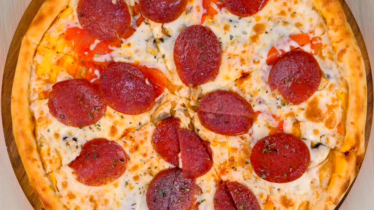 테이블 위에 있는 나무판 위에 살라미 피자를 잘라내고 있다.