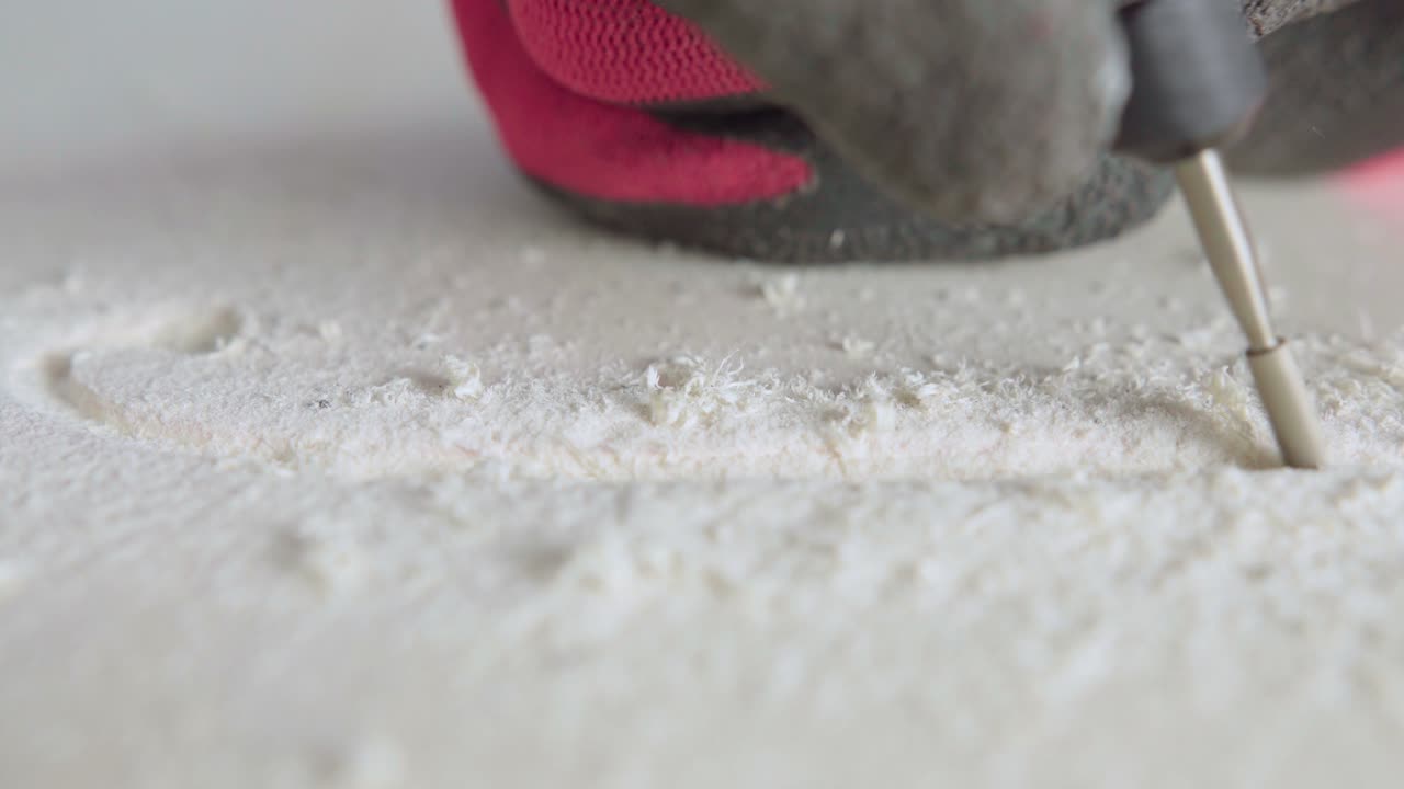 Man work on wood with small rotating rasp, macro 4K
