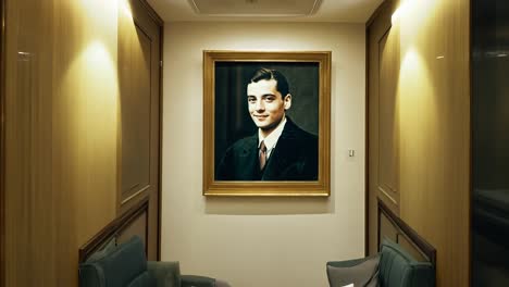 flickering lights illuminate a portrait of a businessman in a suit, set against the backdrop of a luxurious hallway, evoking an atmosphere of mystery and sophistication