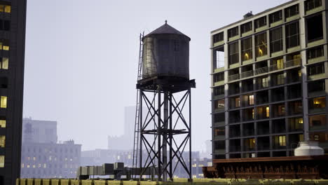 old water tower stands tall among modern buildings in urban setting
