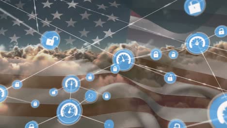 network of digital icons over waving us flag against clouds in the sky