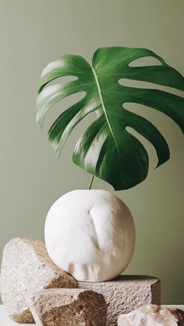 modern botanical still life with monstera leaf and white vase