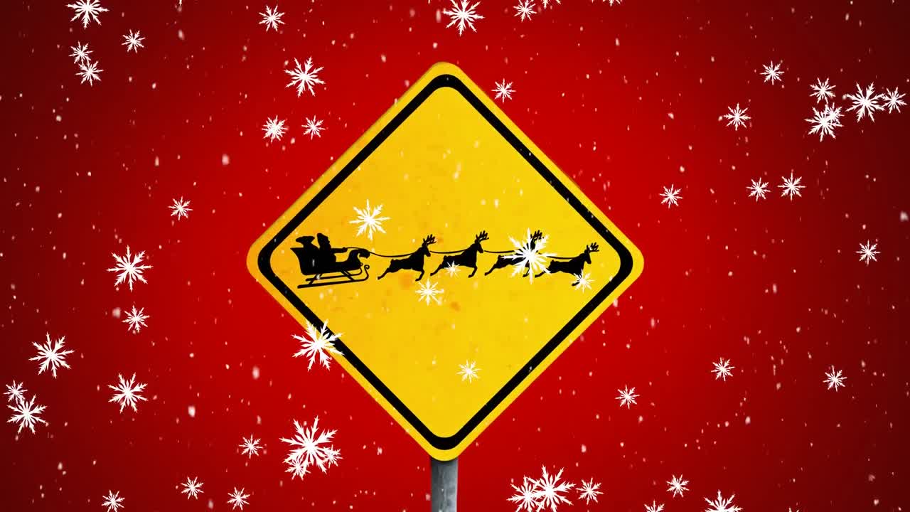 animación digital de copos de nieve cayendo sobre un cartel con la silueta negra de santa claus