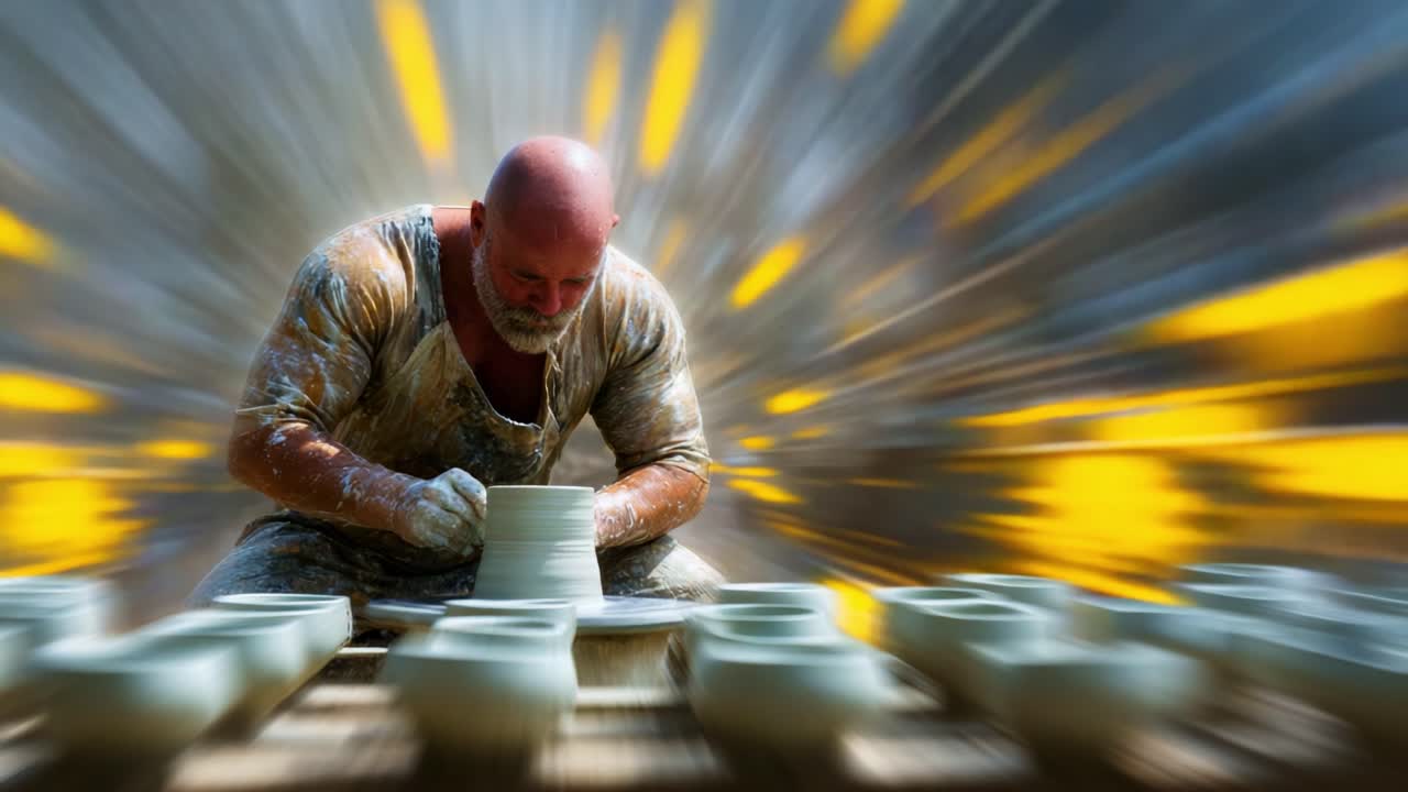 A Skilled Artisan Shaping Clay on a Pottery Wheel with Expert Precision, Capturing the Intense Focus and Craftsmanship in the Art of Pottery Making, as Surrounding Elements Blur into Motion