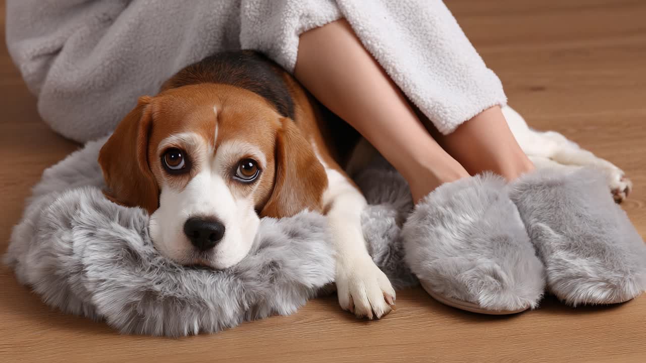 Cozy Moments: A Beagle's Comfort as It Snuggles Close, Surrounded by Warmth and Softness of a Home and Its Owner's Feet