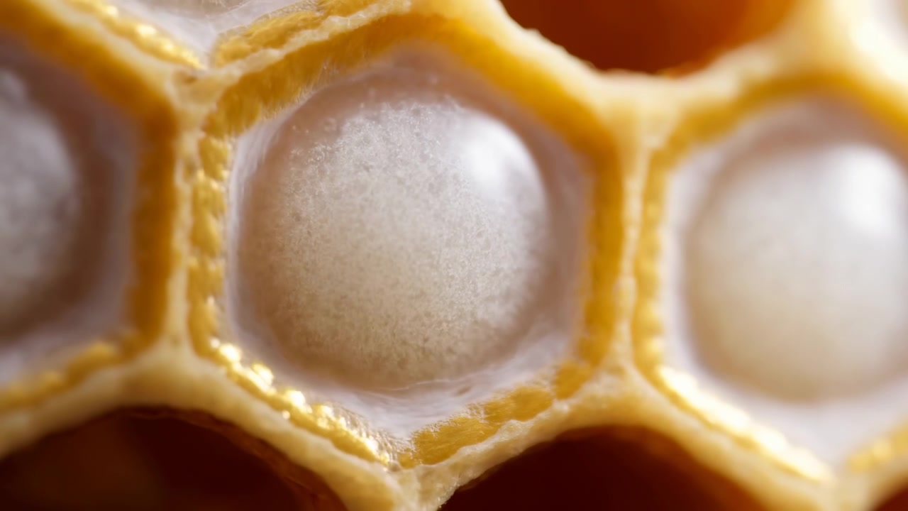 This close-up video captures the intricate details of a honeycomb structure, highlighting its organic wax composition and vibrant yellow and brown hues. Shot in a serene setting with clean.