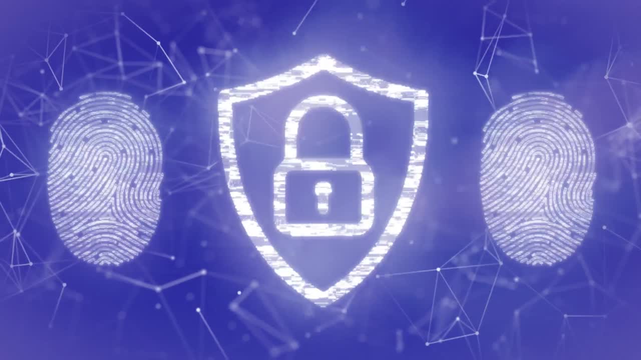 animación del candado de seguridad, el escáner biométrico de huellas dactilares y la red de conexiones.