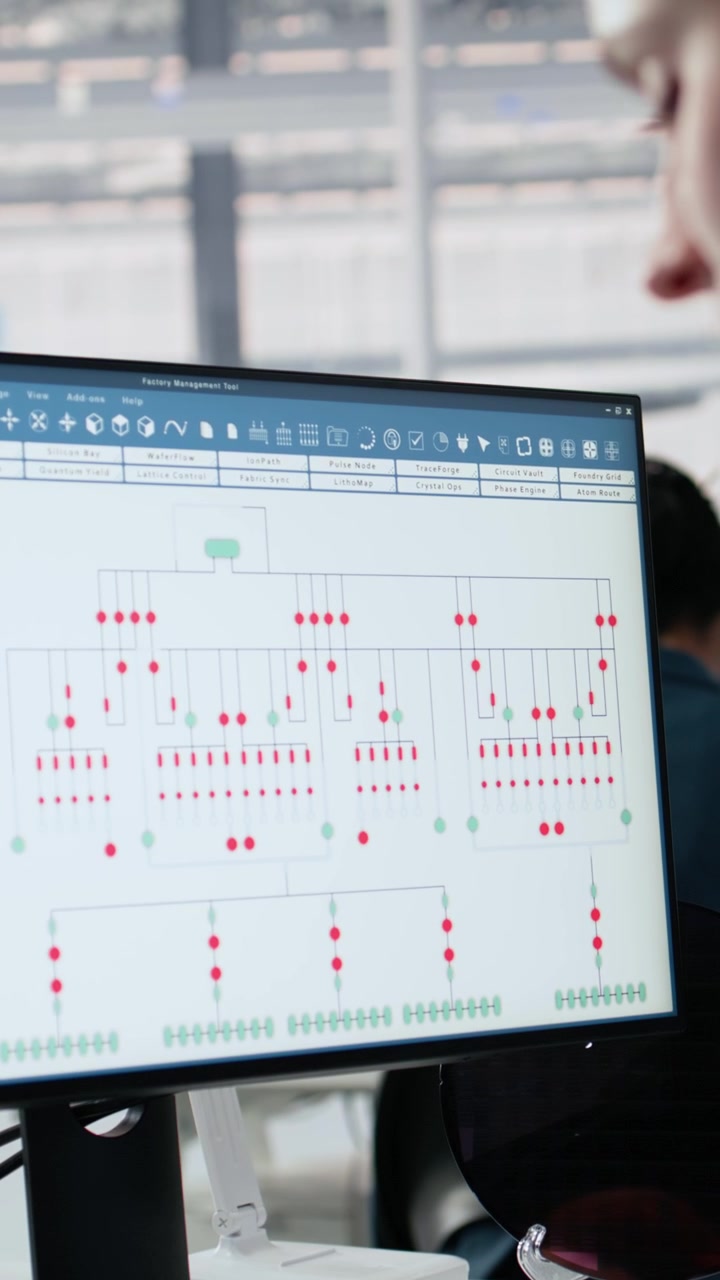 Video verticale: Analisi dell'architettura PCB, primo piano di software per PC e donna in un ufficio di fabbrica.