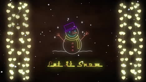 animación de let it snow texto sobre hombre de nieve y luces ardientes en el fondo del paisaje de invierno