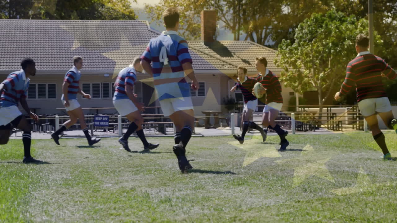 On field, rugby players in action with animation of star pattern overlay