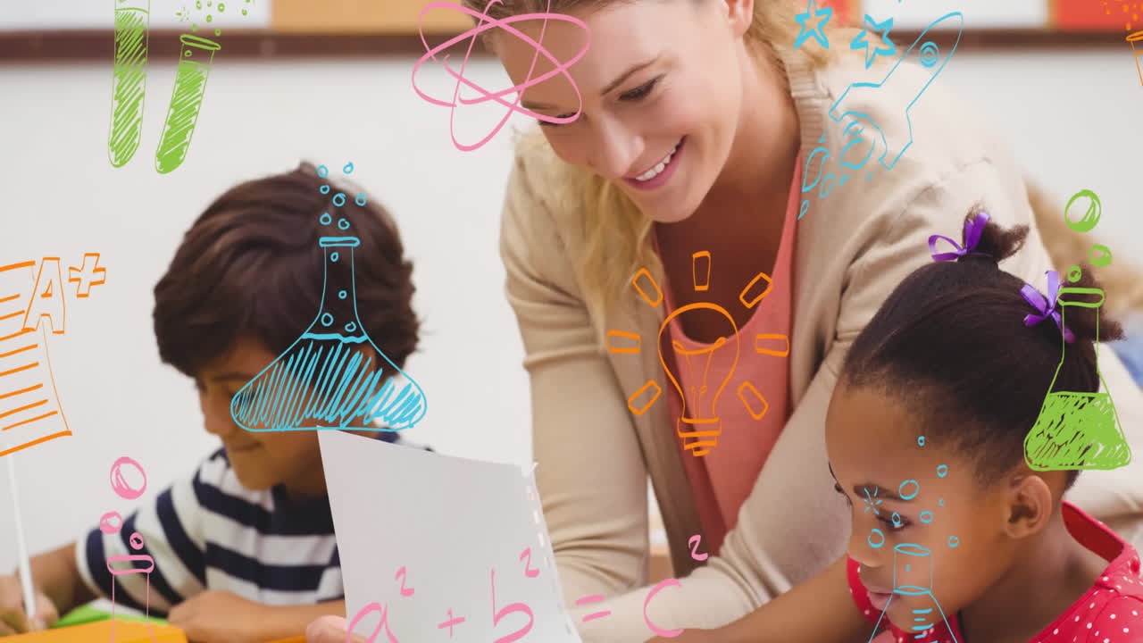 Animation of school icons over caucasian female teacher with diverse schoolchildren