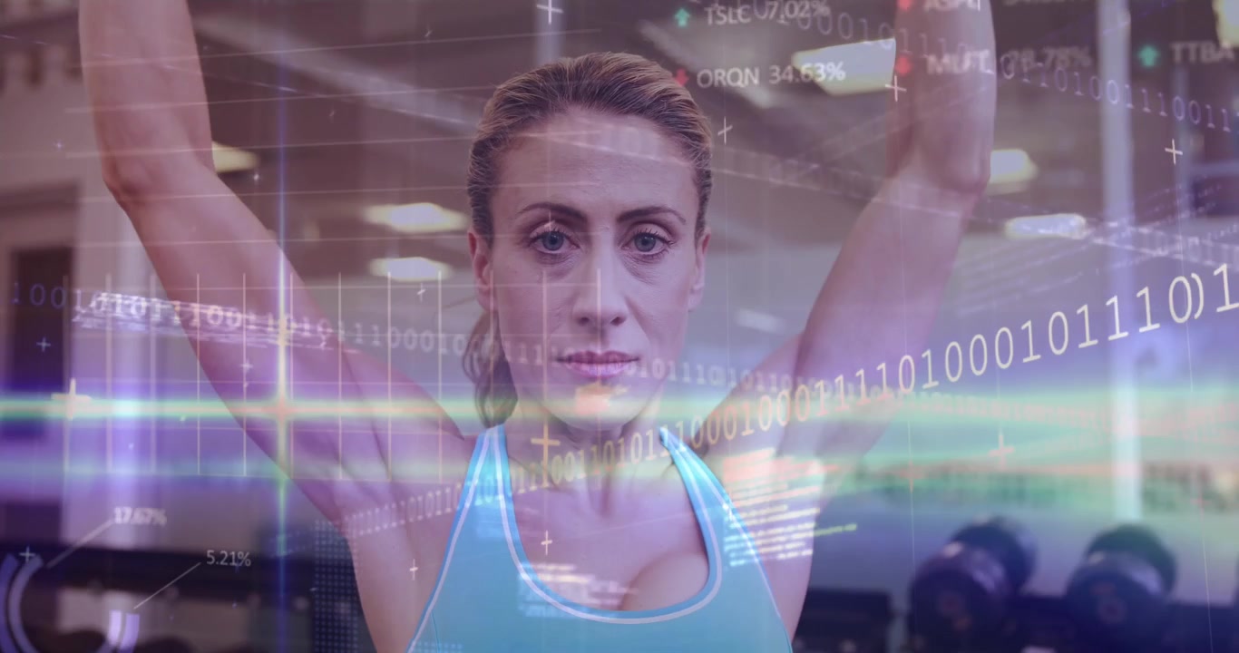 Animation einer Neon-Digitaluhr und Datenverarbeitung über lächelnden, trainierenden Männern und Frauen.