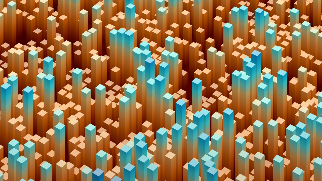 Vibrant data cityscape of colorful blocks, 3d bar charts, dynamic data processing and technological advancement, abstract digital loopable animation