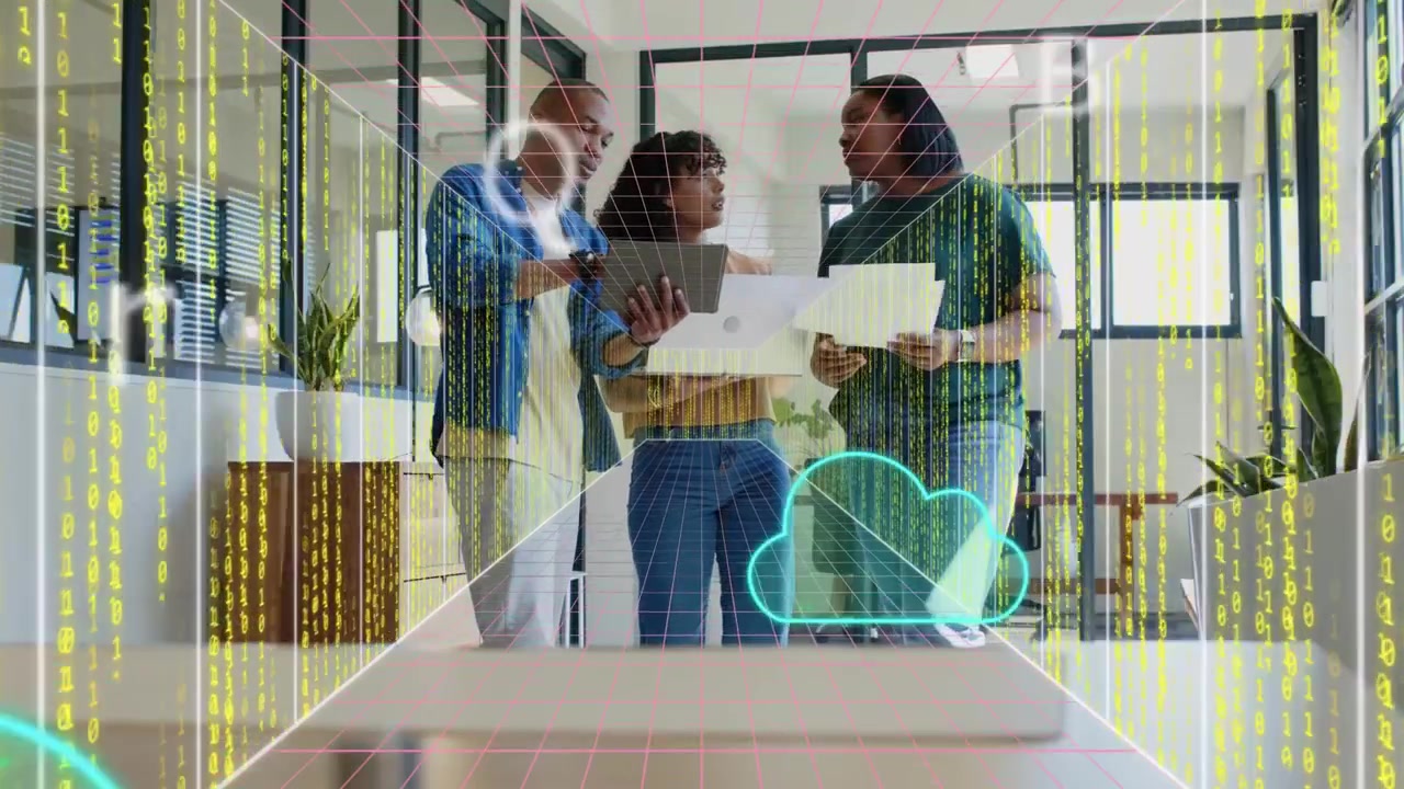 Man tapping tablet and woman lifting laptop causing cloud data overlay moving front for IT planning