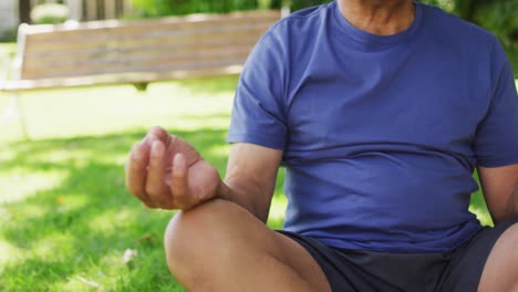 Video-of-relaxed-biracial-senior-man-practicing-yoga-in-garden