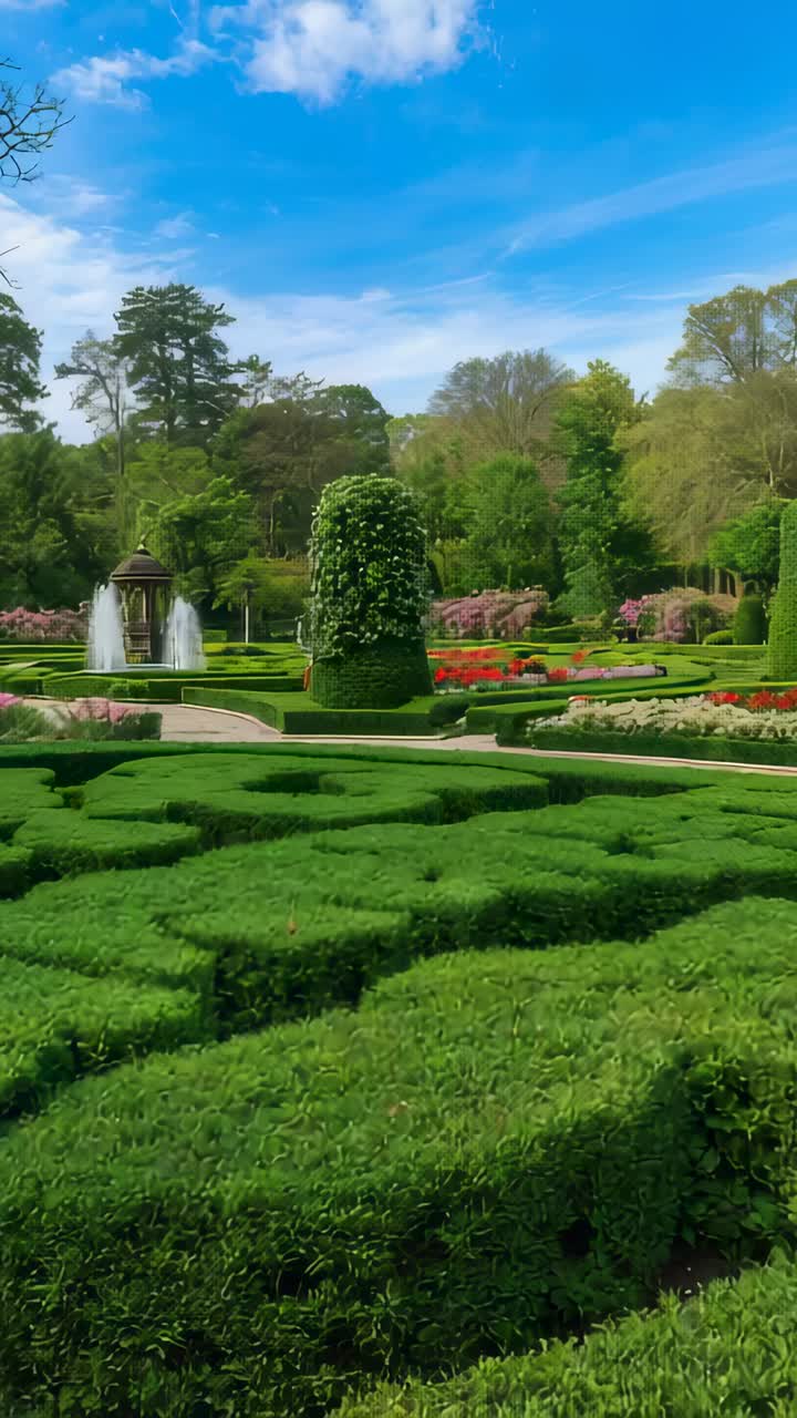 Video verticale: la camera si sposta rivelando un parterre di bossi e un'arte topiaria bianca in un giardino con fontana