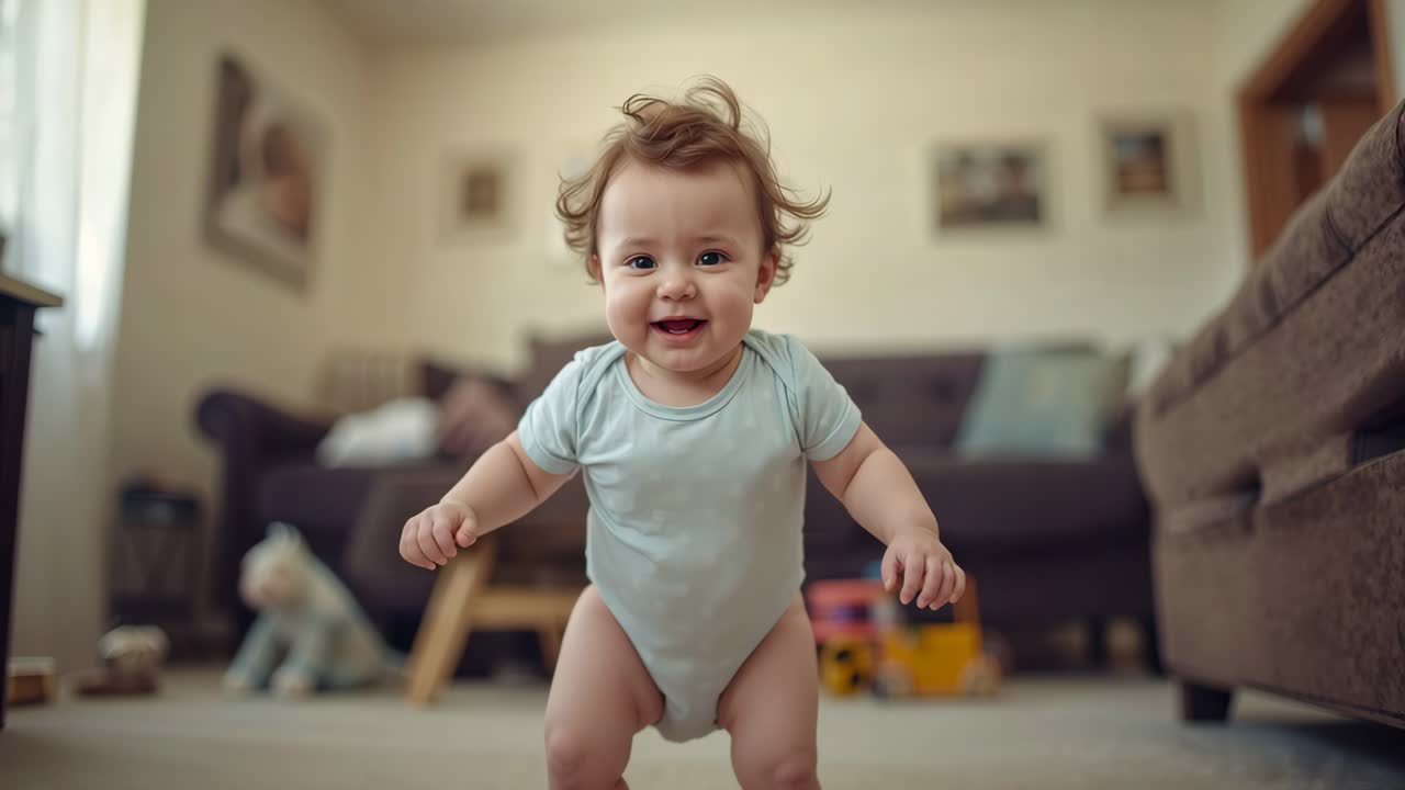 Baby Taking First Steps in Living Room
