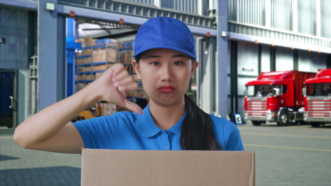 Close Up Of Unsatisfied Asian Female Courier In Blue Uniform Showing Thumbs Down Gesture While Delivering A Carton, Outside Warehouse