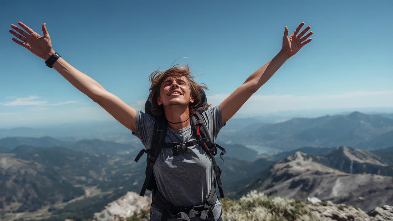 Breathing deeply upon reaching peak, hiker standing arms wide with backpack, watch on rocky peak