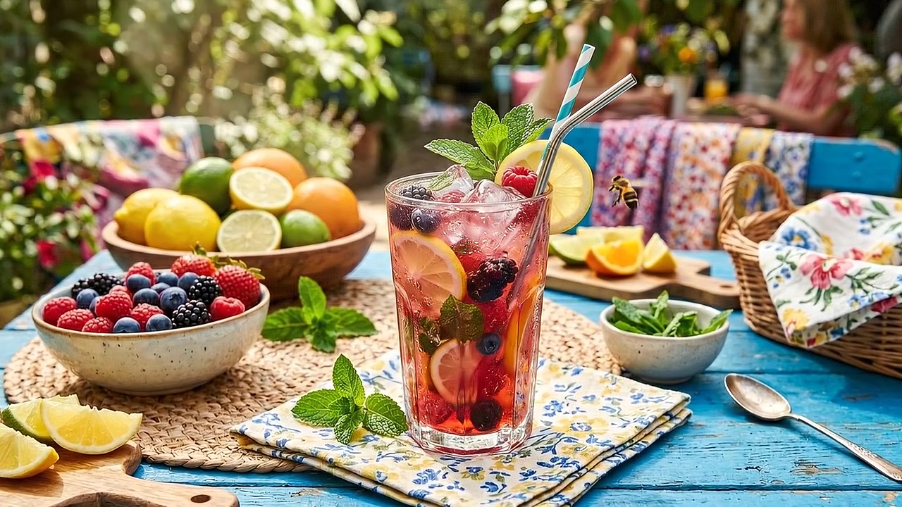 Vakkert utvalg av sommerfruktdrikker og alkoholfrie drinker på en koselig hagefest