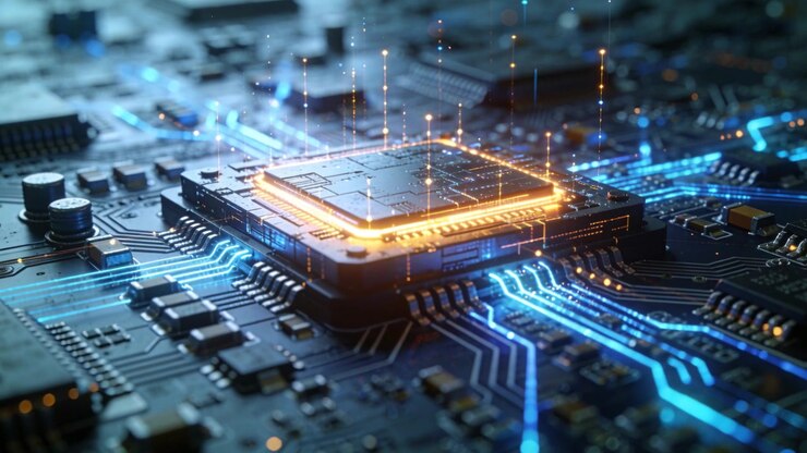 Pulsing SOC receiving power signal and sending blue data currents across PCB while particles rising