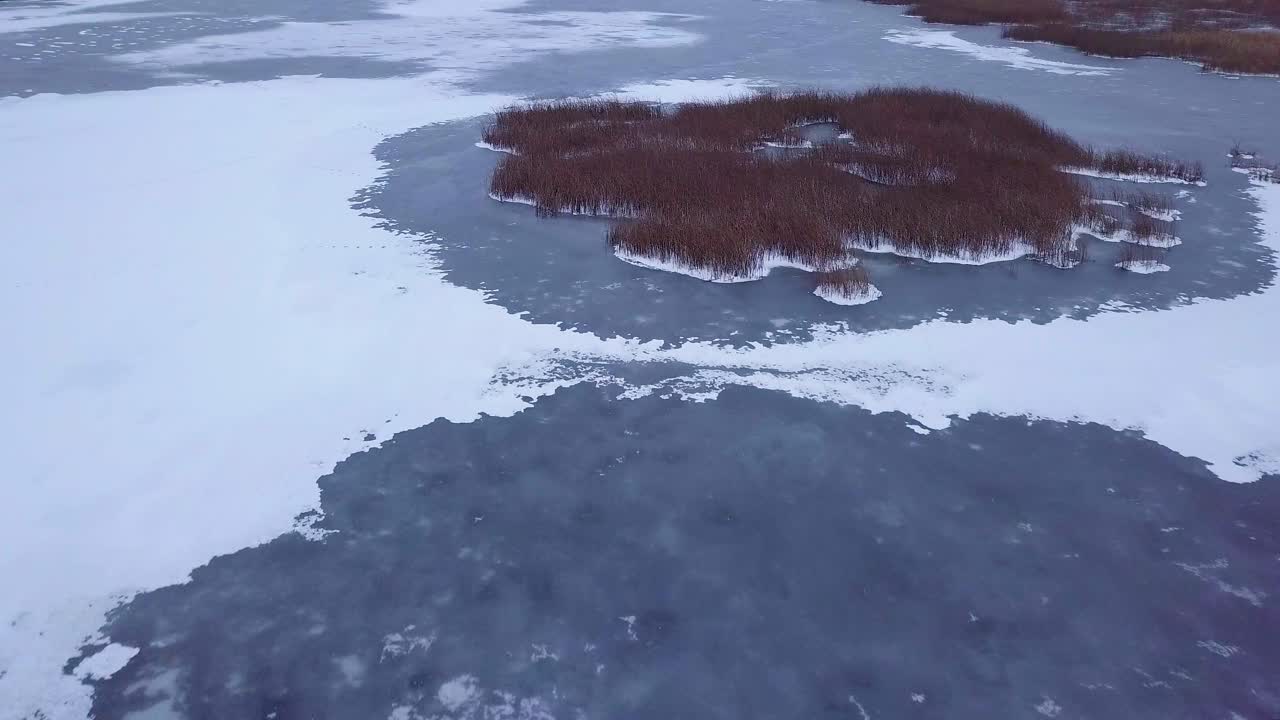 겨울 동안 얼어붙은 리파자 호수의 공중 전망, 균열이 있는 푸른 얼음, 마른 누렇게 변한 갈대 섬, 흐린 겨울날, 앞으로 움직이는 넓은 드론 샷, 카메라 기울기