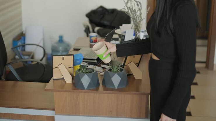 Donna professionista in un moderno ambiente d'ufficio, concentrata sul lavoro, vestita elegantemente in abiti da lavoro, circondata da attrezzature d'ufficio e un interno raffinato