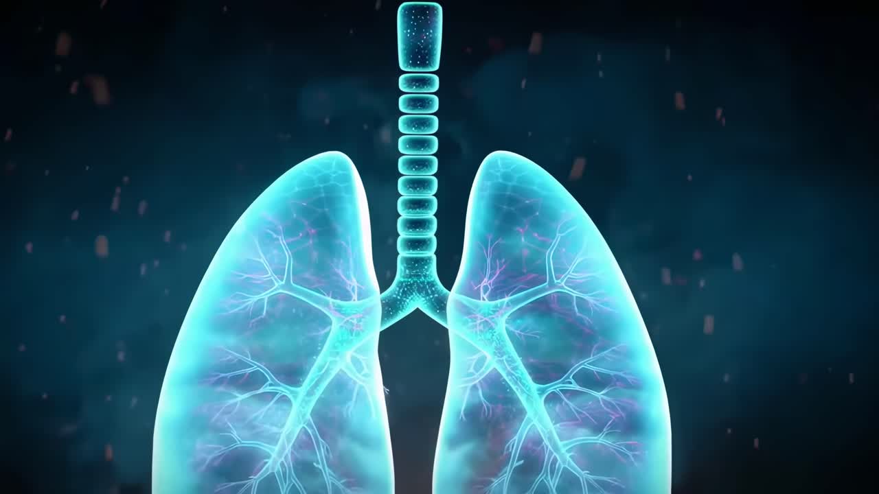 Un video digitale che mostra polmoni luminosi in una vista frontale, evidenziando il sistema respiratorio