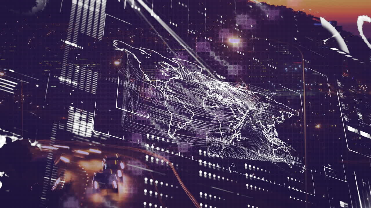 Animation of digital screen with dna, diverse data and graphs over night traffic