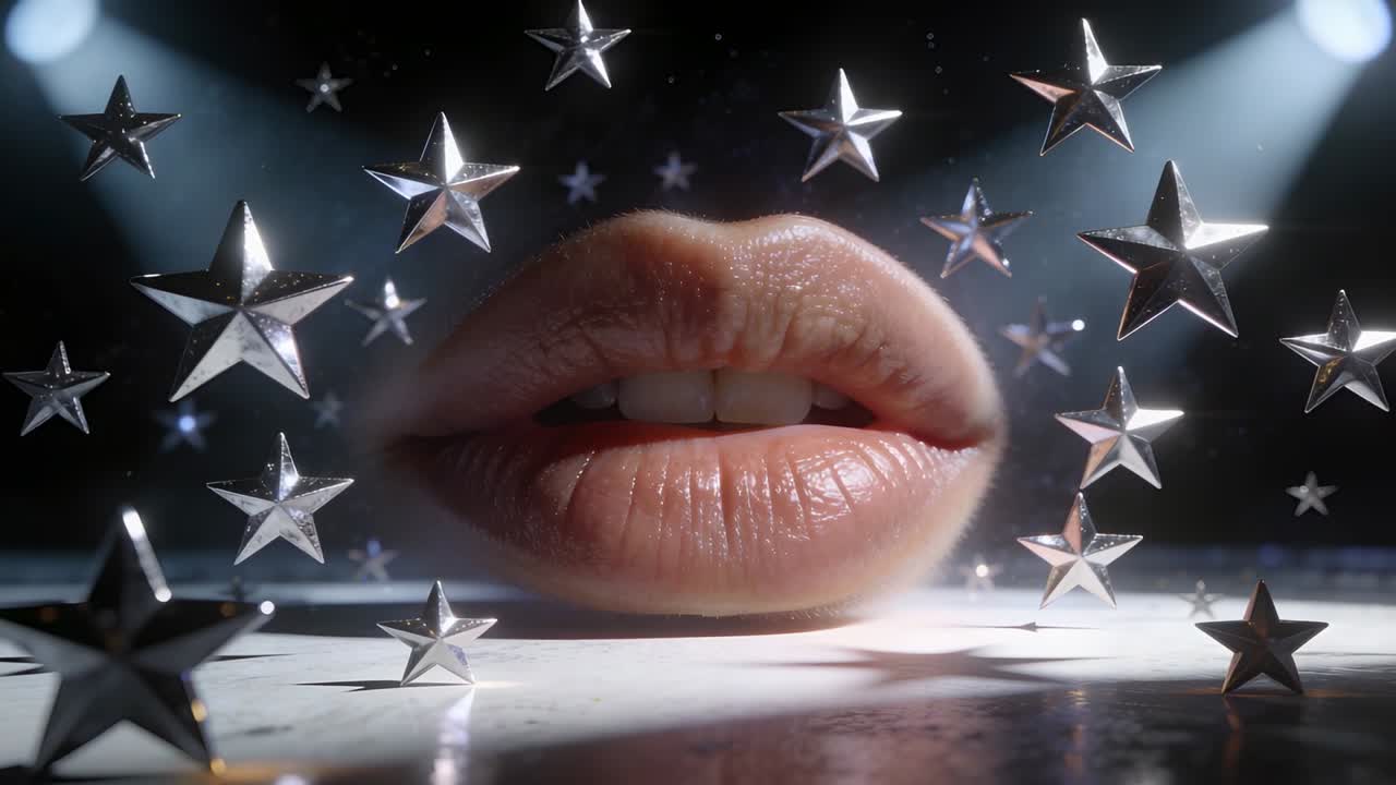 Fari in movimento che segnalano labbra che si aprono e si socchiudono in studio, stelle metalliche luccicanti, mostrando i denti.