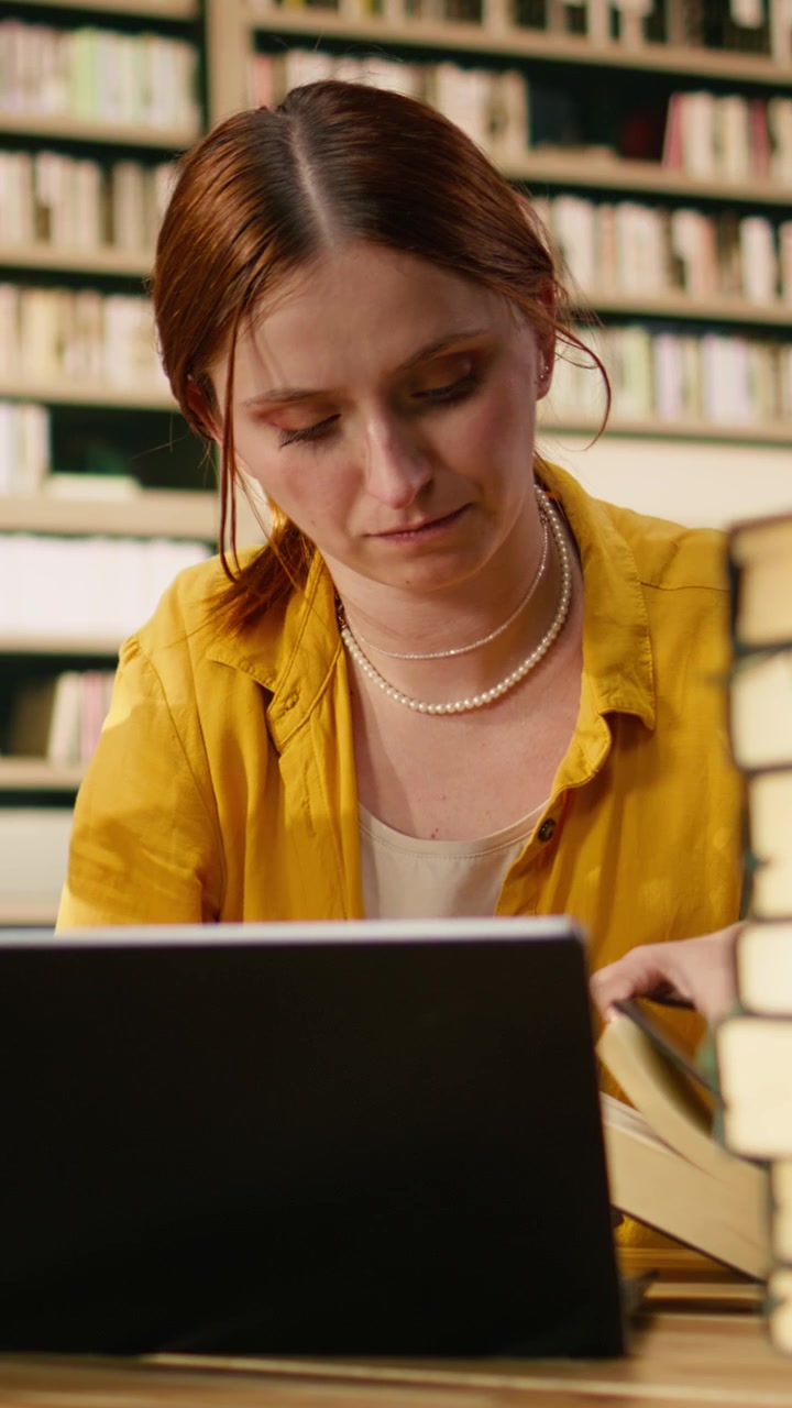 Vertikal video: Bekymret ung kvinne studerer materialer på bærbar PC ved et bibliotekbord