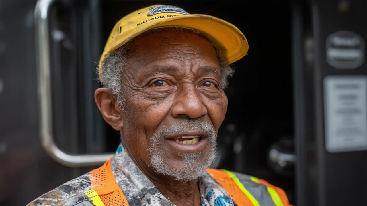 A close-up portrait of an older gentleman wearing a bright yellow cap and safety vest, showcasing his wise expression and the rich textures of his skin against a dark background