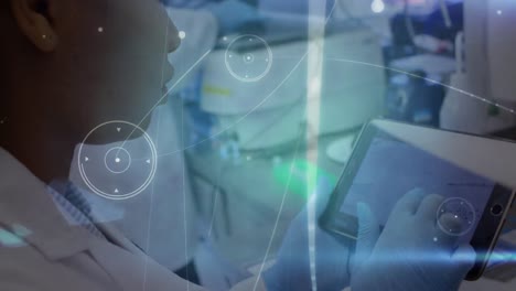 animation of network of connections over biracial female lab worker using tablet