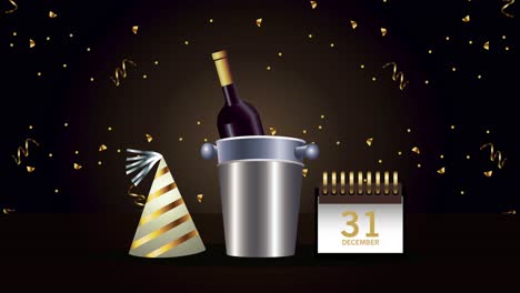 animación de feliz año nuevo con champán y calendario