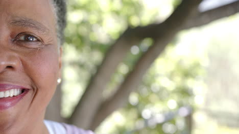 Half-portrait-of-happy-senior-african-american-woman-in-sunny-nature,-copy-space,-slow-motion