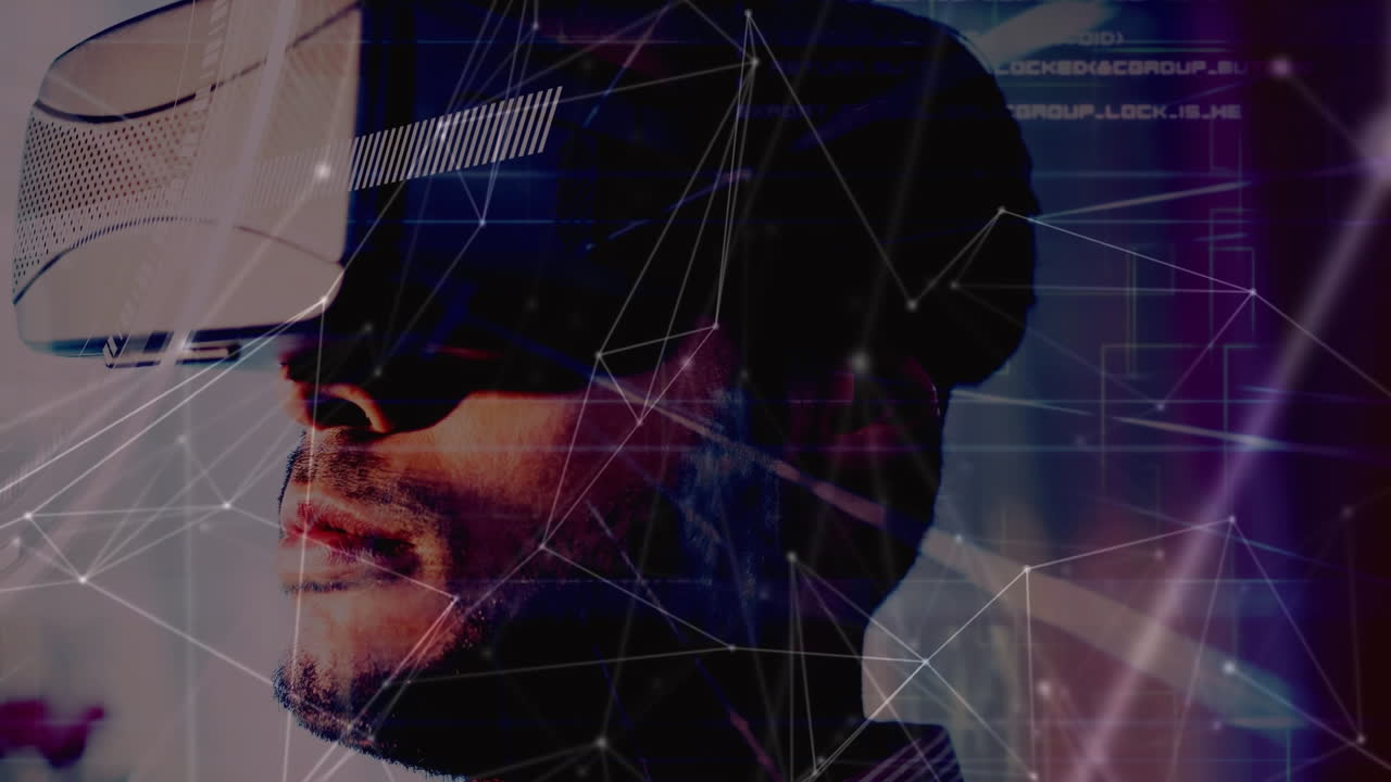 Animation of network of connections over businessman wearing vr headset