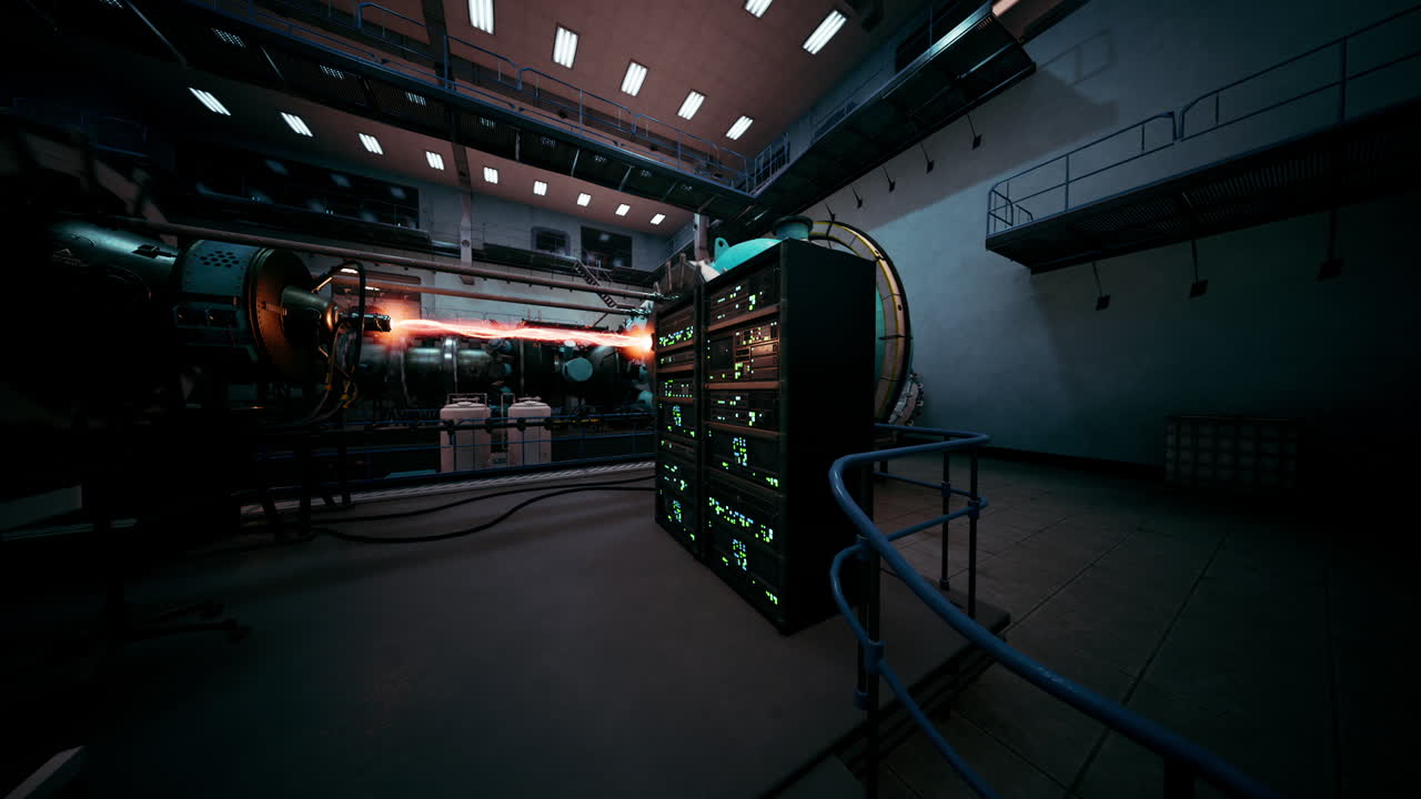 Futuristic lab with machinery and energy beams