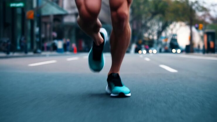dynamic and energetic runner in an urban street low-angle shot, showcasing fitness and health with buildings, road, asphalt, and concrete in a natural setting with blue and black tones.