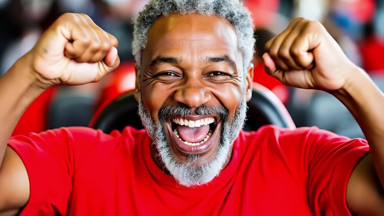 A man in a red shirt is cheering with his fists up