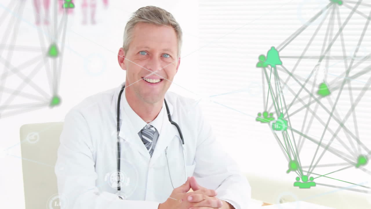 Senior doctor sitting facing camera in medical tech lab, showing network lines and green nodes