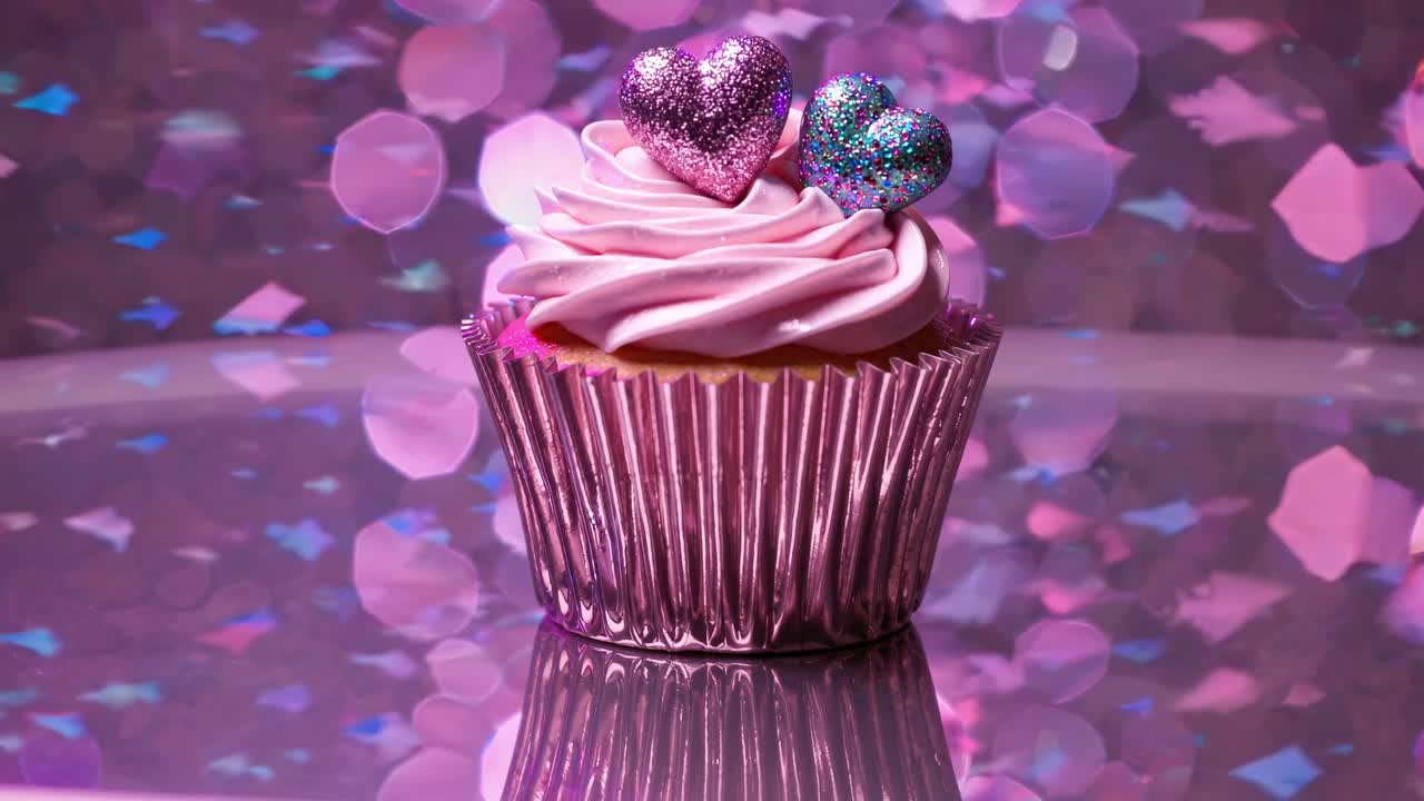 pastel rosa decorado con dos corazones, uno rosa y otro azul claro, se sienta en una superficie reflectante, rodeado de brillo colorido, creando una atmósfera festiva y romántica